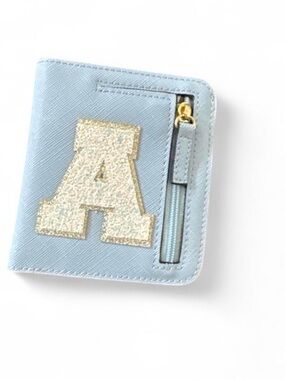 T.J.Maxx Light Blue Kids Zip Wallet with Gold Glitter 'A'